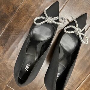 Zara Black Heels with Silver Bow Detail